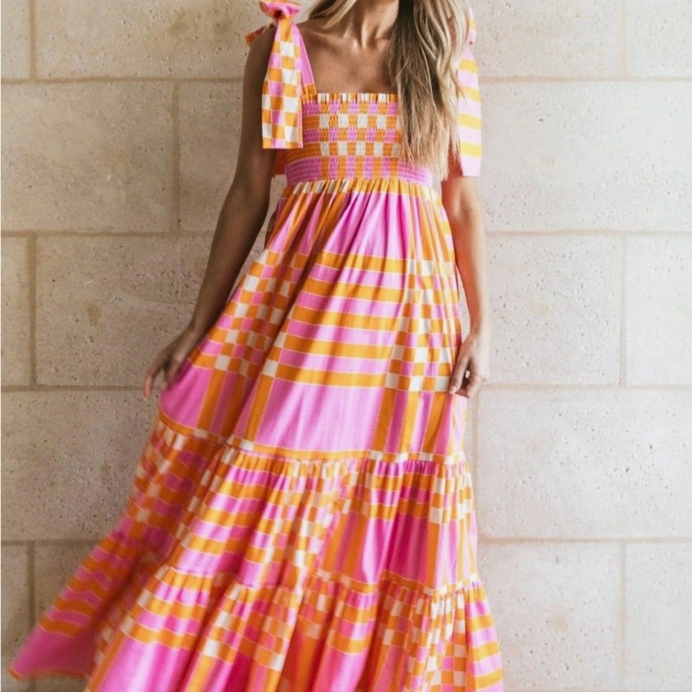 Sheridan French Pink and Orange Ruffled Tiered Maxi Dress